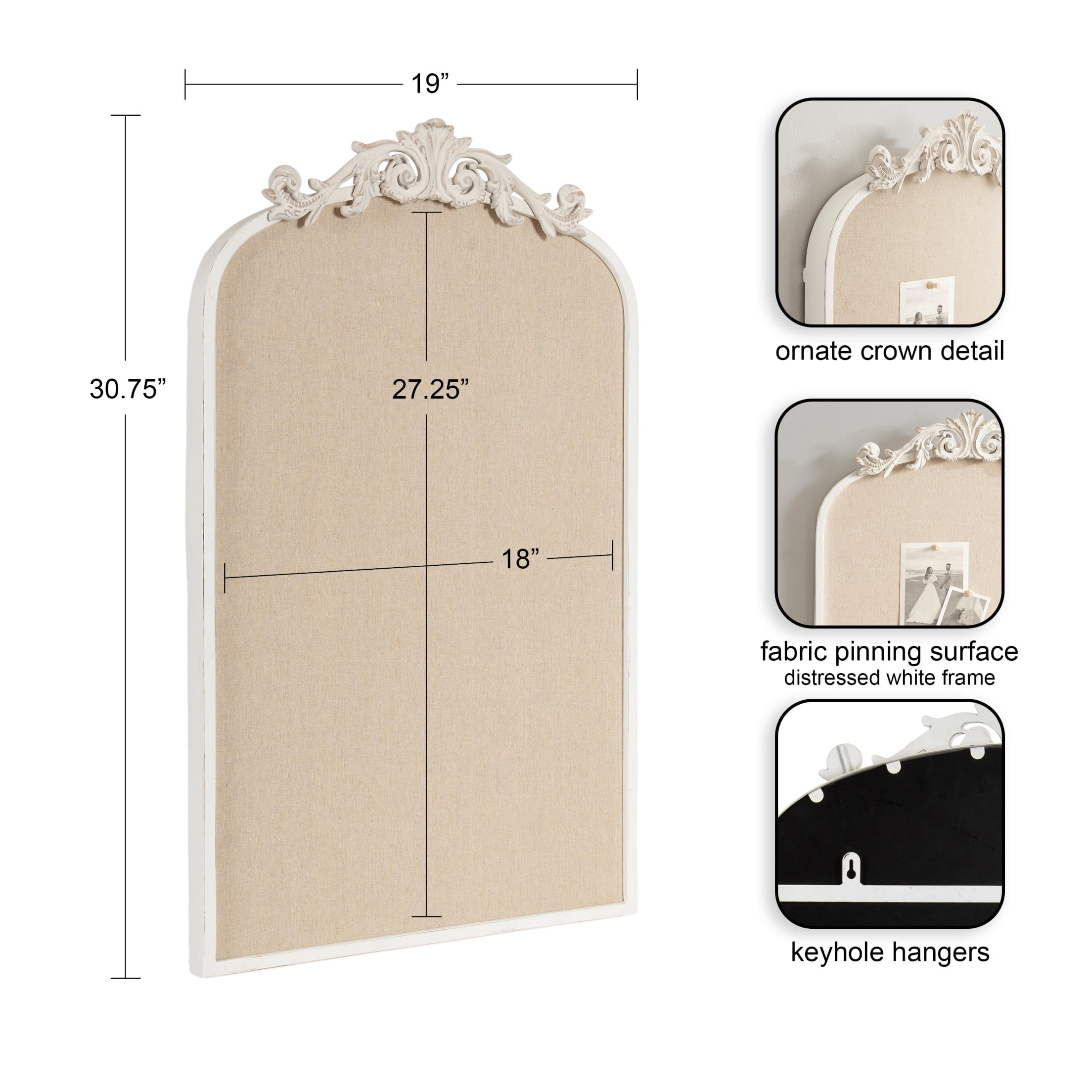 Kate and Laurel Arendahl Decorative Arch Pinboard, 19 x 31, White, Framed Arched Ornate Vintage Cork Board for Use as Motivational Vision Board or Wall Organizer