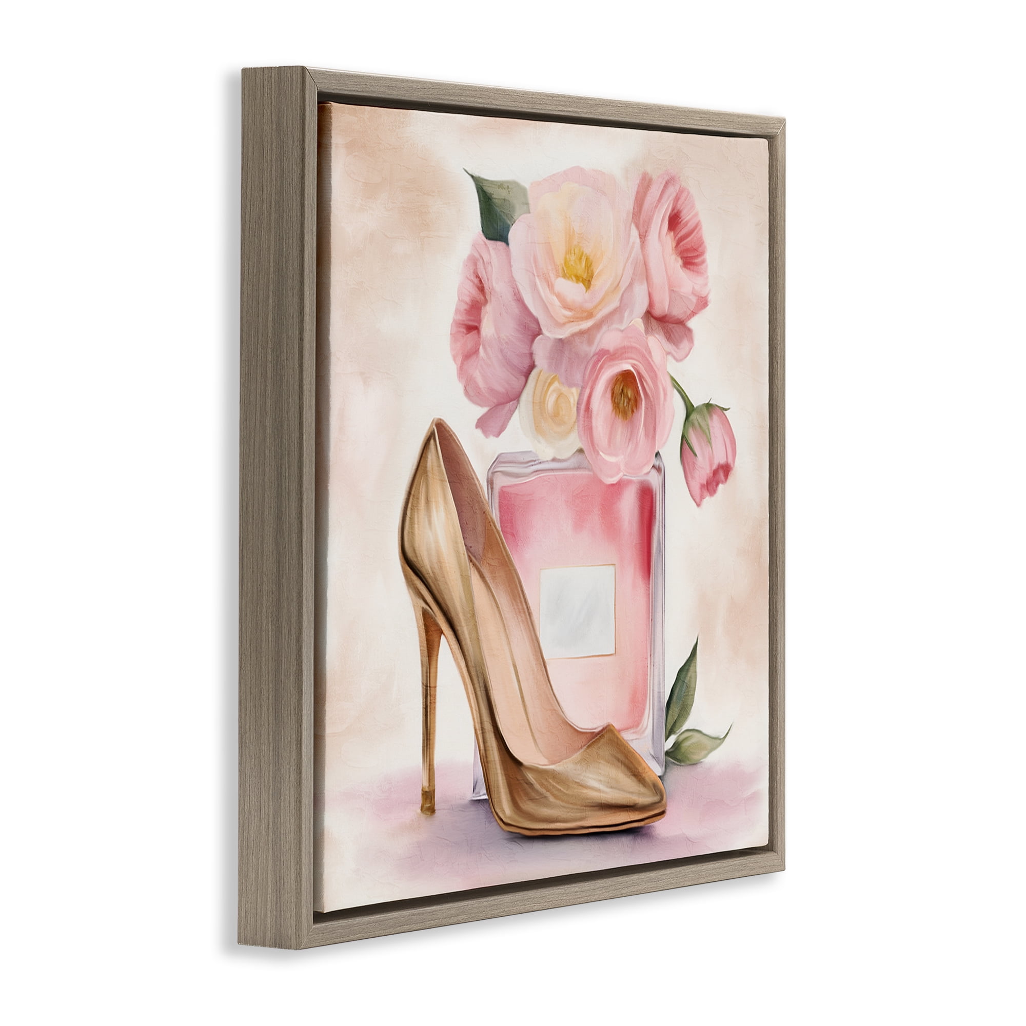 Stupell Industries Pink Beauty Heel & Flowers Brown Framed Floater Canvas Wall Art, design by Kim Allen
