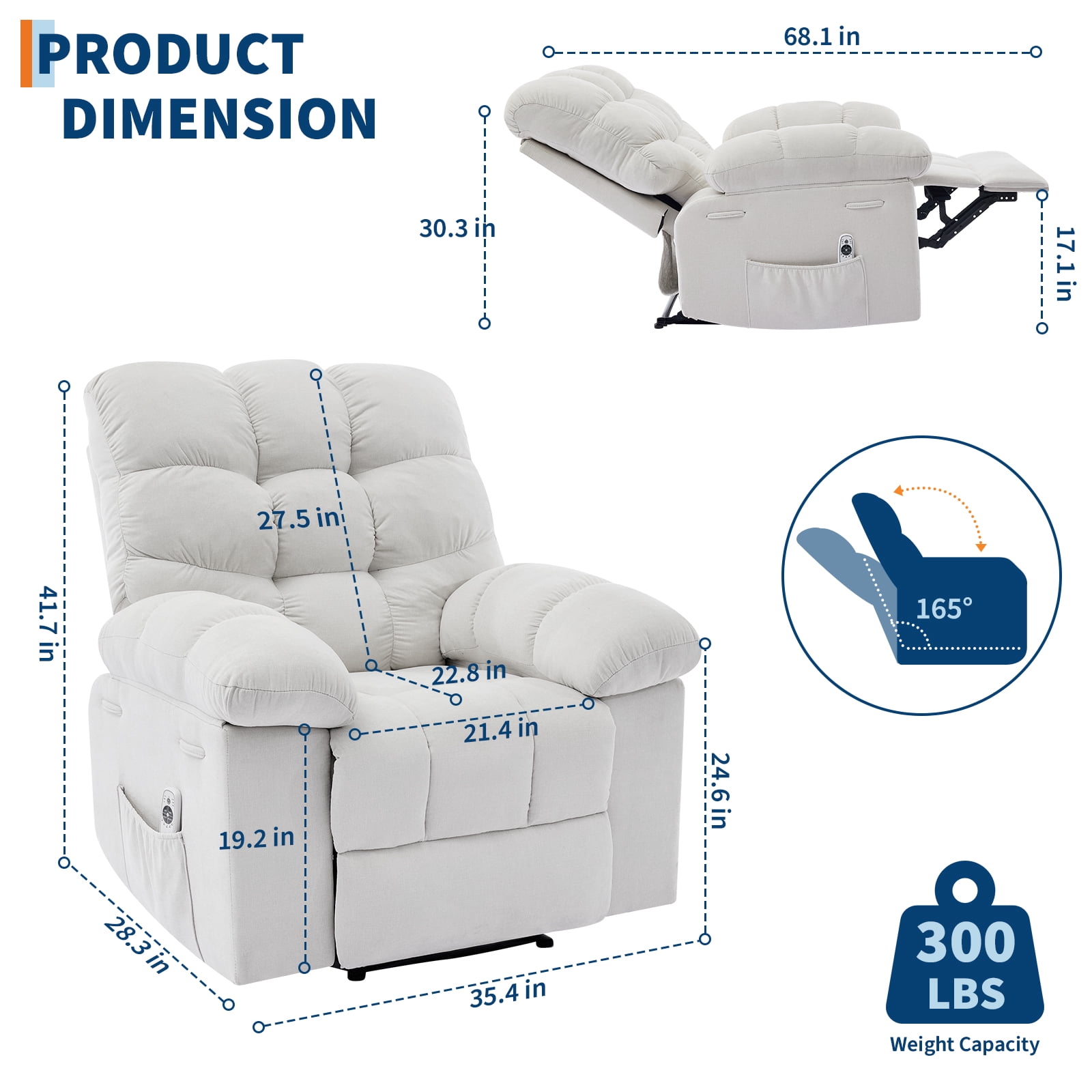 Recliner Chair for Adult, Recliner with Massage&Heating, Manual Recliners, Upholstery Overstuffed Soft Rocking Sofa Chair, Beige
