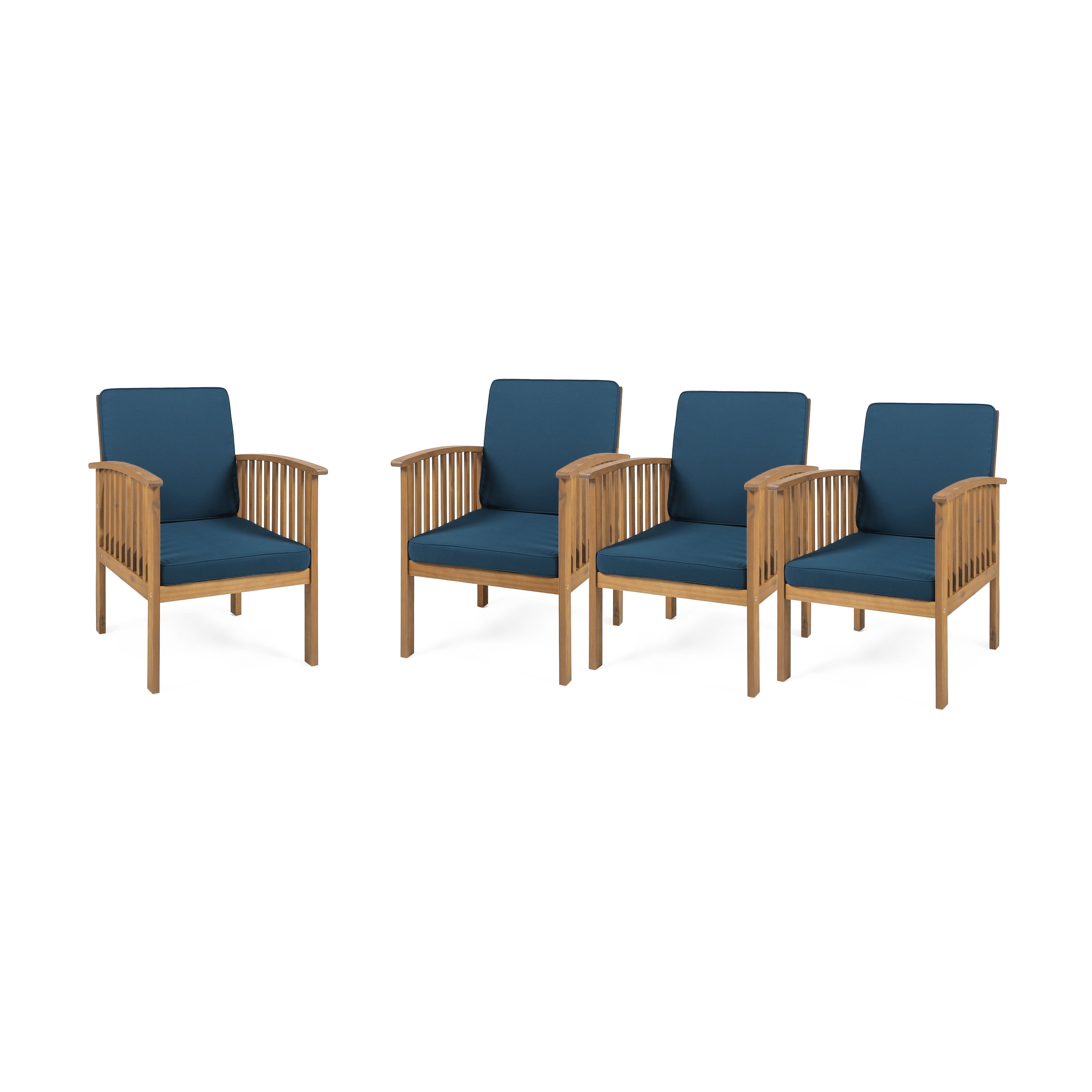 Frederic Outdoor Acacia Wood Club Chairs With Cushions, Set of 4, Brown Patina, Dark Teal