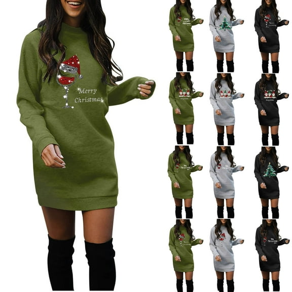 Horkkom Christmas Dresses for Women Long Sleeve Crewneck Sweatshirt Dress Holiday Party Mini Dresses L
