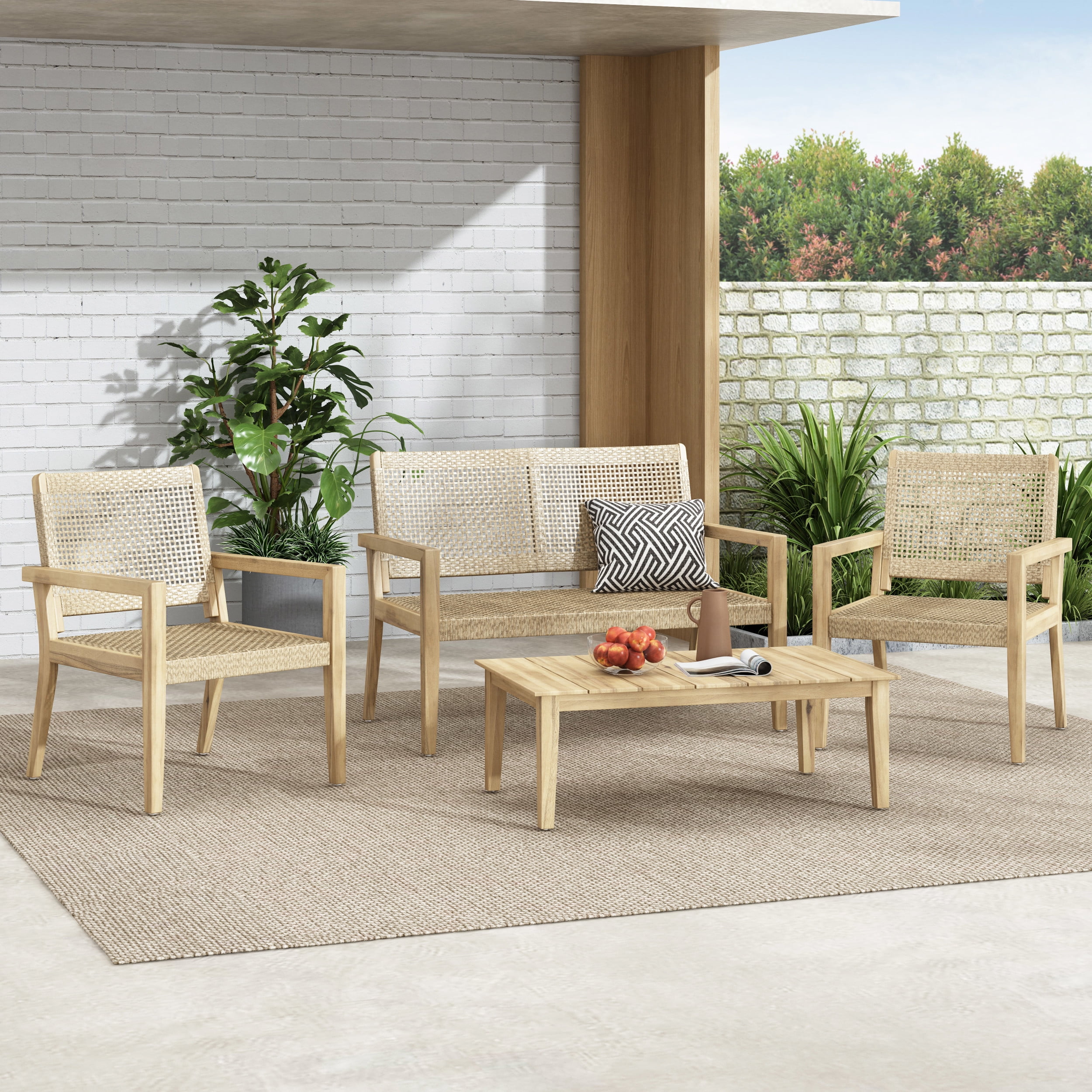 Coloma Wicker and Acacia Wood Outdoor 4 Seater Chat Set, Light