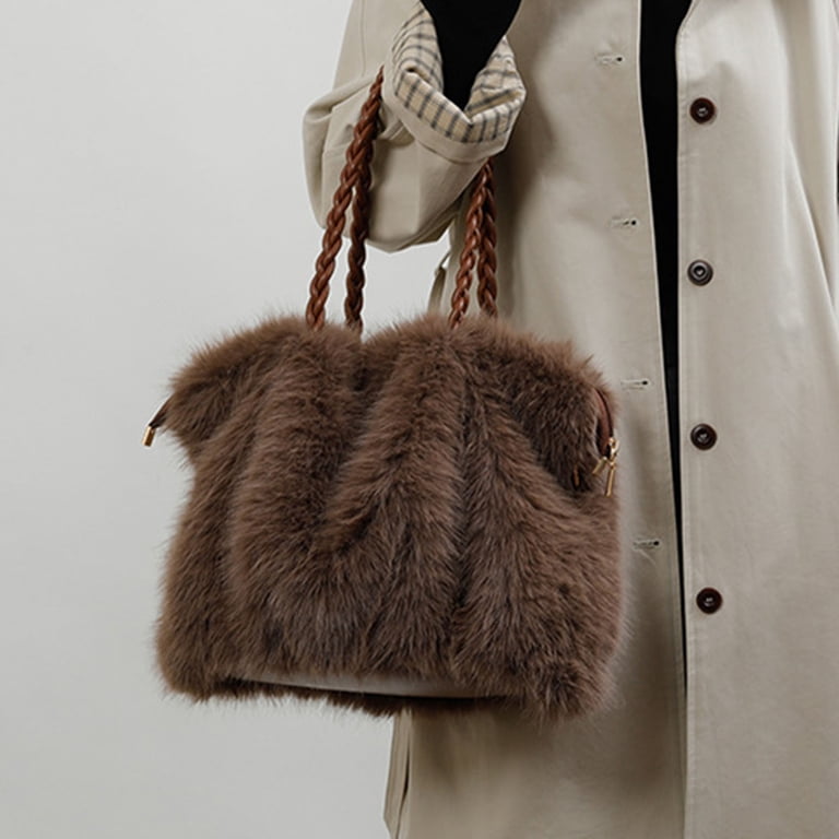 Fluffy Faux Fur Tote Bag For Women - Winter Fuzzy Shoulder Purse With Zipper, Soft Furry Handbag