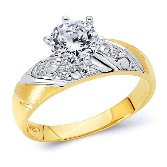 Wellingsale Ladies Solid 14k Two 2 Tone White and Yellow Gold Polished CZ Cubic Zirconia Round Cut Engagement Ring - Size 6.5