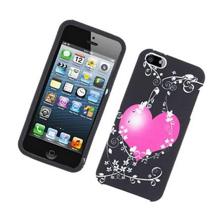 Insten Heart Hard Snap On Back Protective Case Cover For Apple iPhone 5 / 5S - Black/Hot