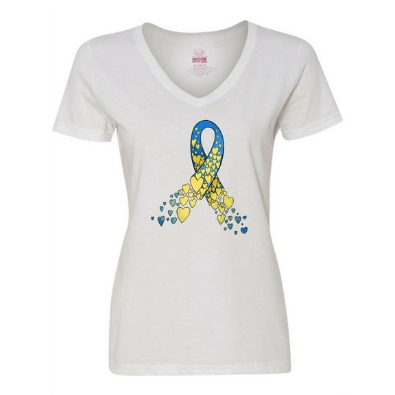 Inktastic Down Syndrome Awareness Blue and Yellow Hearts Ribbon Women's V-Neck T-Shirt