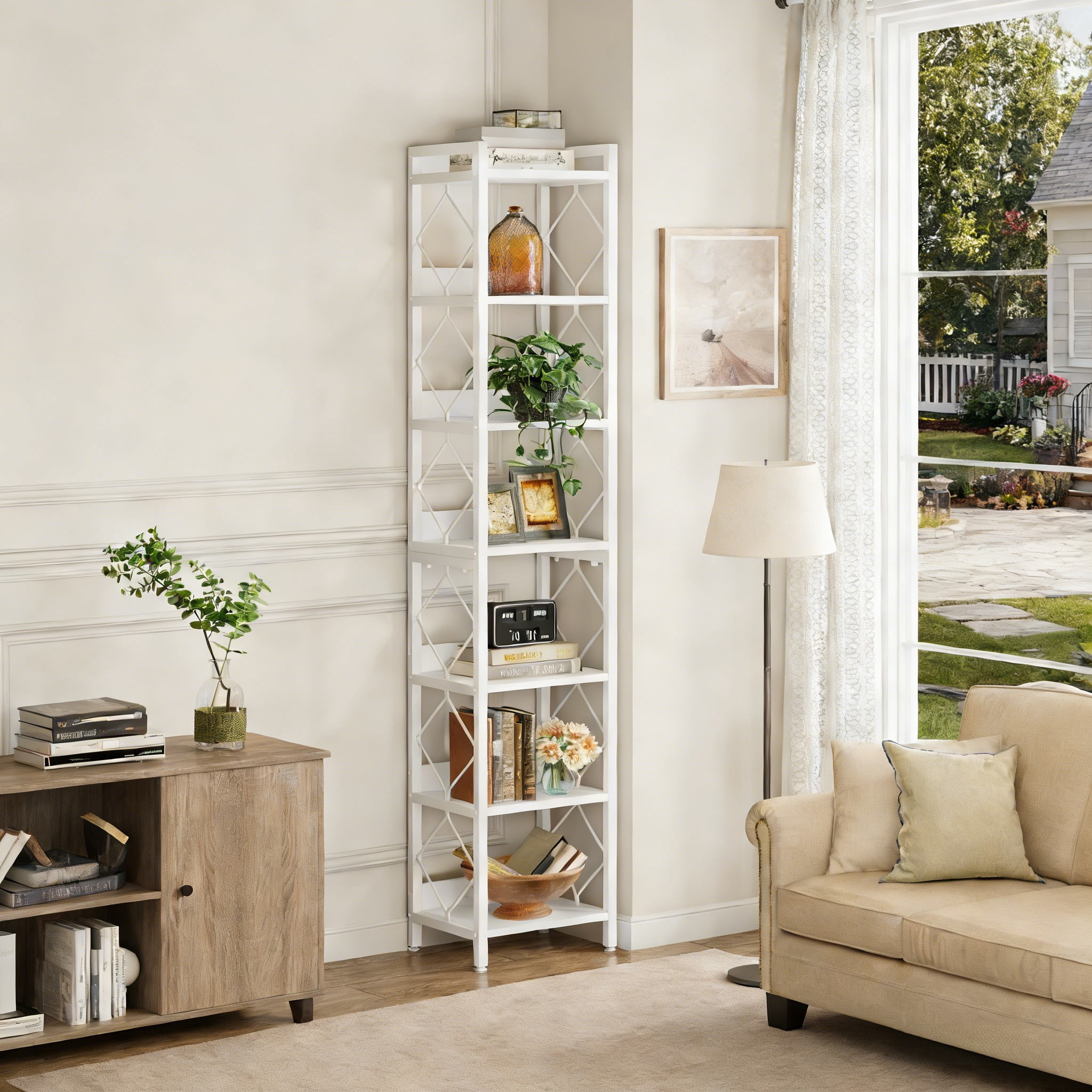 Fnova 78.7" 7-Tier Tall Storage Shelf, Narrow Metal Wood Bookshelf for Small Spaces, Office, Library, Living Room