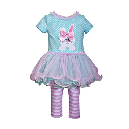 Infant Baby Girls Aqua Bunny Tutu Top And Striped Leggings Set 12 months