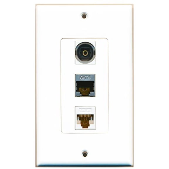 RiteAV - 1 Port Shielded Cat6 Ethernet and 1 Port Toslink and 1 Port Cat6 Ethernet White Decorative Wall Plate Decorative