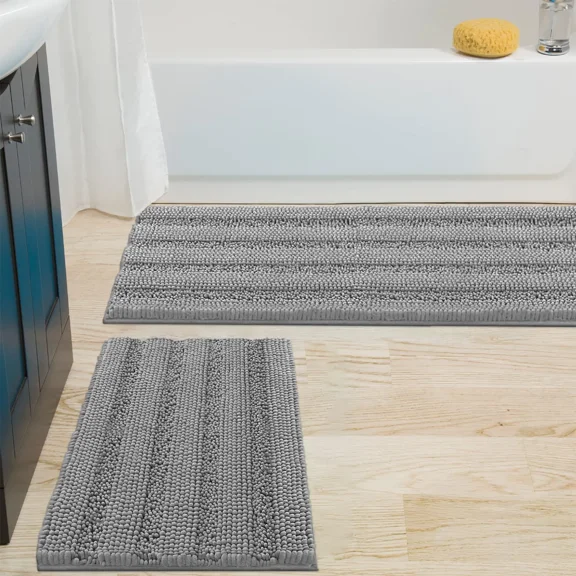 Zebrux Non Slip Thick Shaggy Chenille Bathroom Rugs, Bath Mats for Bathroom Extra Soft and Absorbent - Striped Bath Rugs Set for Indoor/Kitchen.