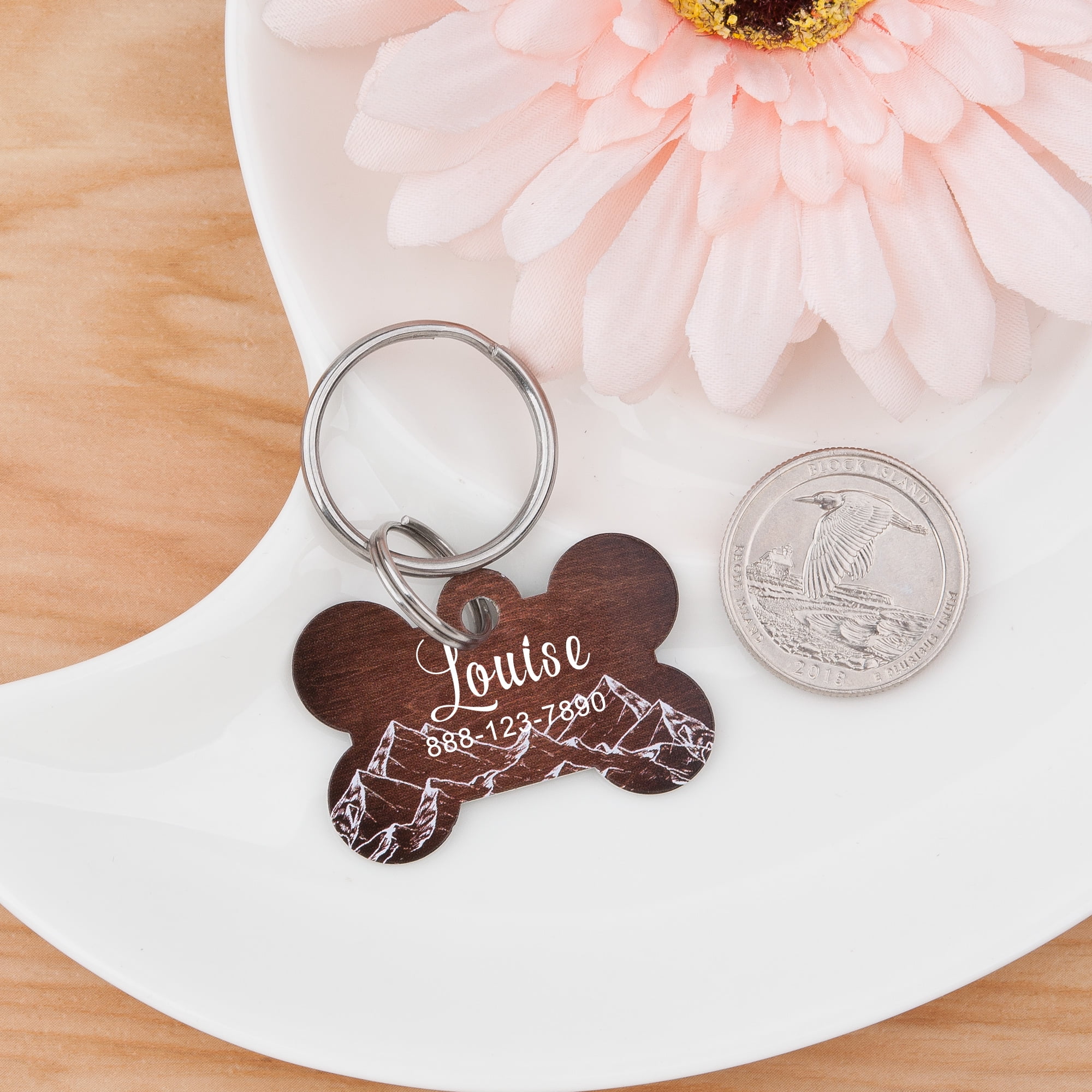 Engravable Wood Dog Tag, Personalized Wood Mountain Dog Tag, Dog Bone Pet ID Collar Tag, Custom Dog Tag, Engravable Aluminium Tag For Dog or Cat, with Velvet Pouch Ships Next Day!