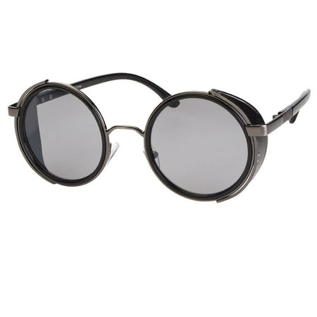 Round Shield Sunglasses - Black Old School Funky Goth Steampunk Side Shield Mens Womens Round Sunglasses