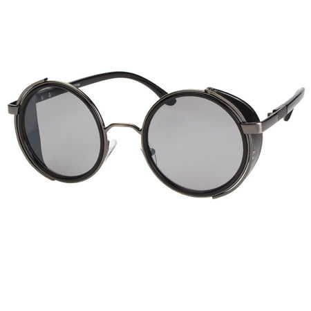 Black Old School Funky Goth Steampunk Side Shield Mens Womens Round Sunglasses