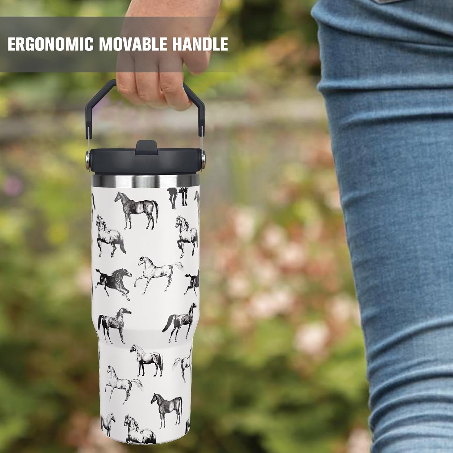 30 oz Horse Tumbler With Handle and Straw, 30oz Flip Straw Tumbler Insulated Coffee Travel Mugs Cup Water Bottle Gifts for Horse Lovers Women Girls