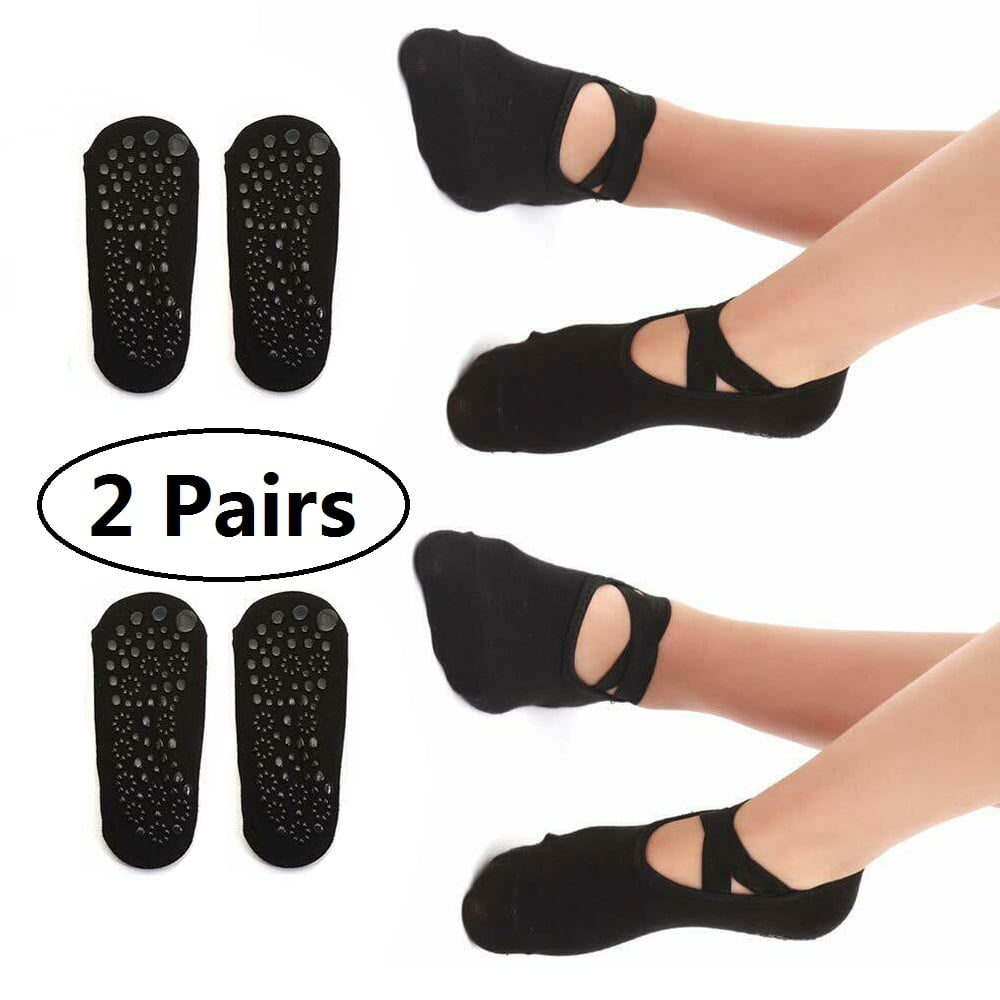 Non Slip Yoga Socks with Grips Anti-Skid Pilates Barre Bikram 2 Pairs Black 