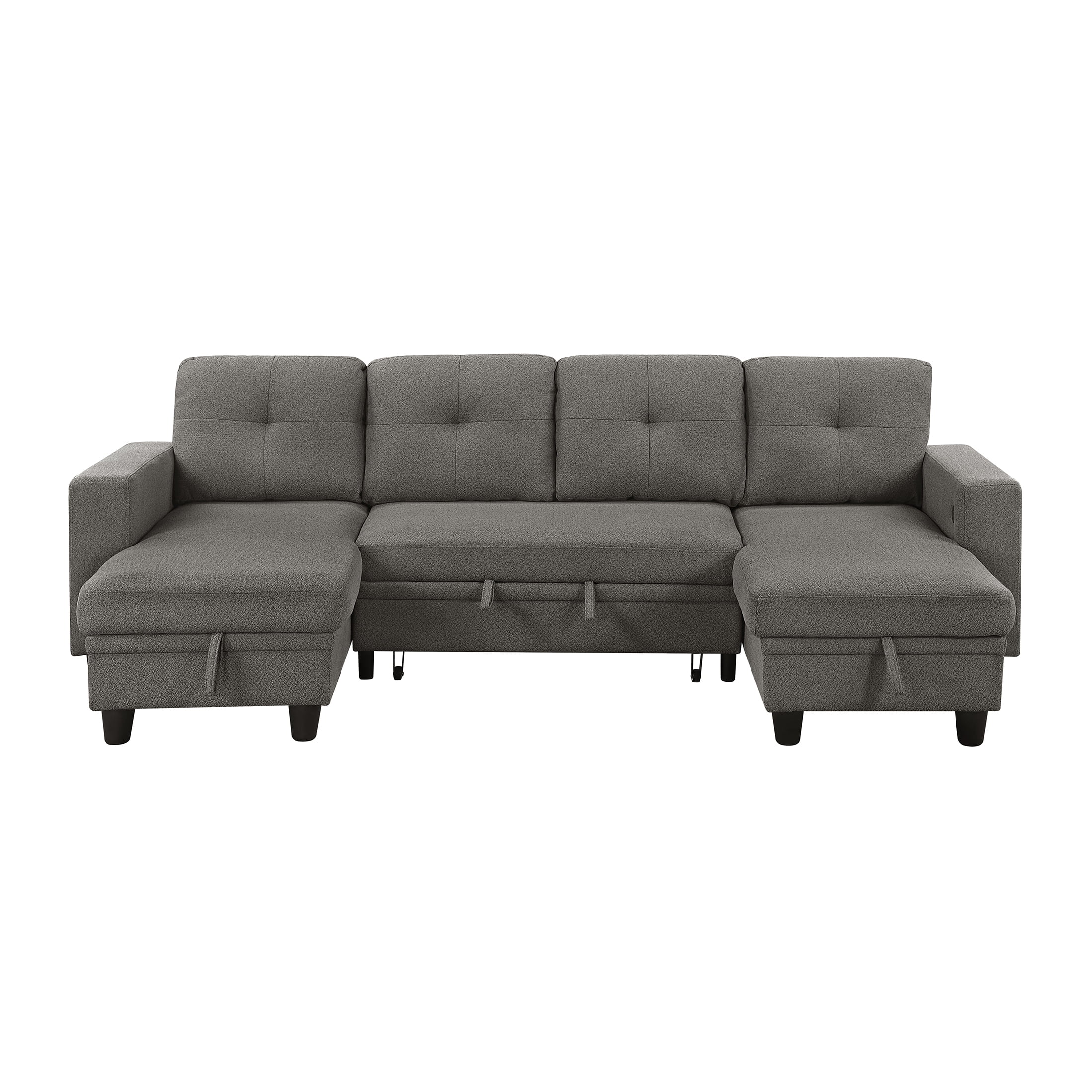 OakvillePark Vessarion Boucle Sectional with Two Chaises, Pull-out Bed, Shelves and Charging Ports, Dark Brown