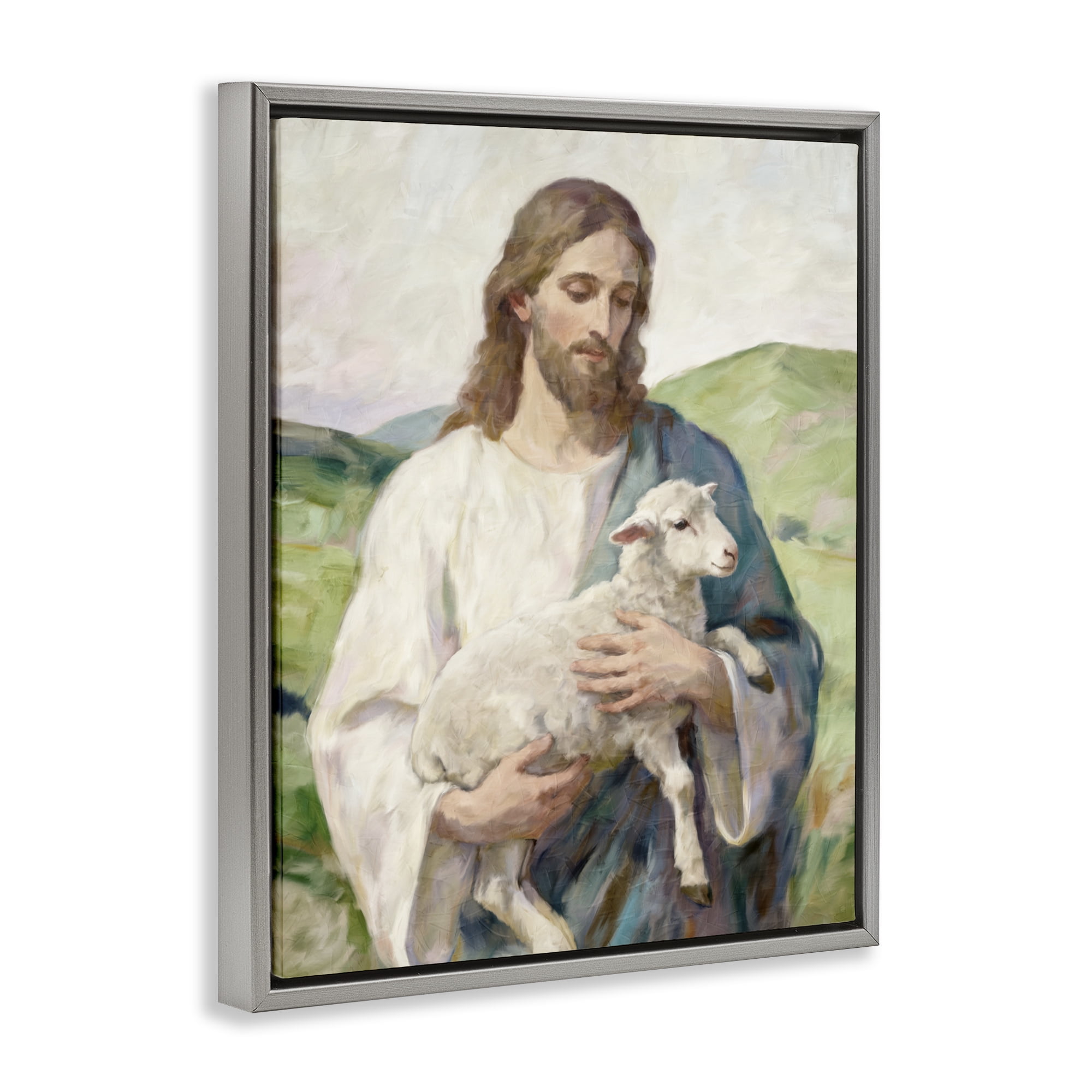 Stupell Industries Little Lamb & Spiritual Figure Gray Framed Floater Canvas Wall Art, design by Kim Allen