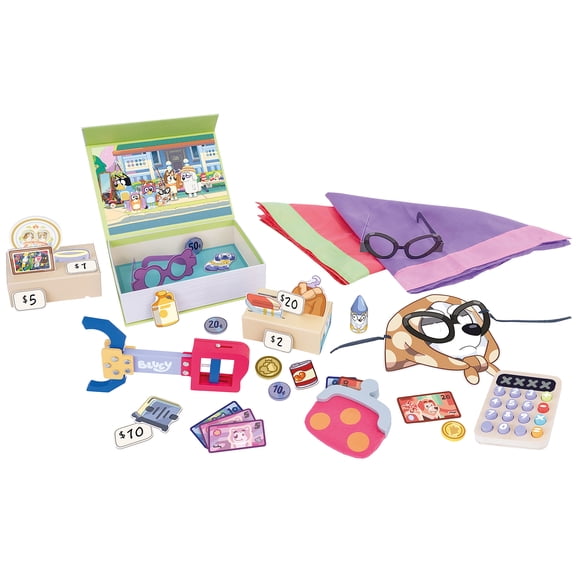 Bluey: Wooden Granny Mobile Playset - 37pc Dress-Up Accessories & Shopping Toy, Grabber-Money-Purse, Mask-Scarves-Glasses, Character Roleplay, Kids 3 