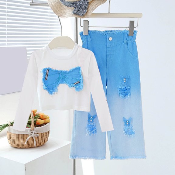 Amidoa Girls 2 Piece Outfits Summer Clothes Long Sleeve Soft T Shirts and Casual Shorts Kids Clothing Sets Blue Size 5T