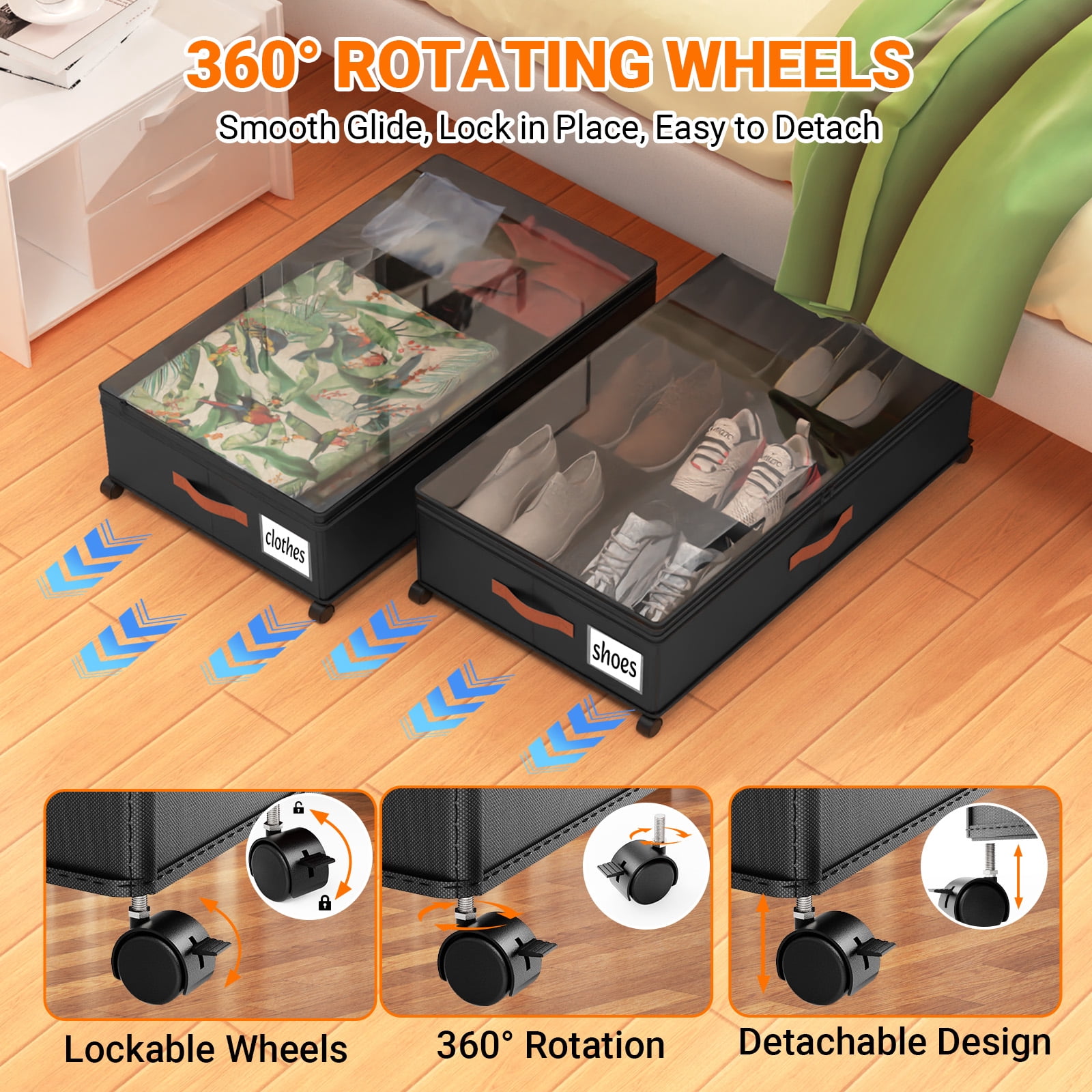 LIZEVINC 2-Pack Large Under Bed Storage with Wheels and Lids – Adjustable Height Rolling Storage Bins with Dividers, Space-Saving Underbed Organizer for Clothes, Shoes, Blankets（Black）
