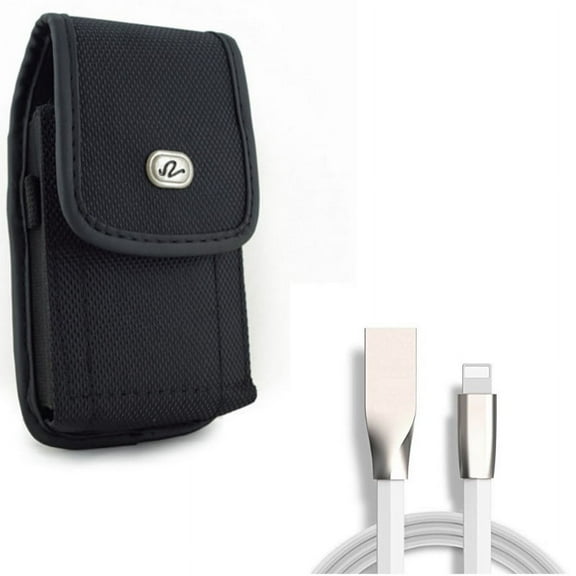 USB Cable w Case Belt Clip for iPhone XS/X - 6ft Flat Charger Cord Power Wire, Rugged Holster Canvas Cover Pouch for iPhone XS/X