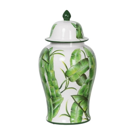 A & B Home Lovise Palm Tall Lidded Urn Escape to the tropics all year round with the A and B Home Lovise Palm Tall Lidded Urn  which is adorned with detailed  luscious green palm leaves. This charming lidded urn includes a green finial on the top  and it s excellent for storing dry goods and other small treasures.