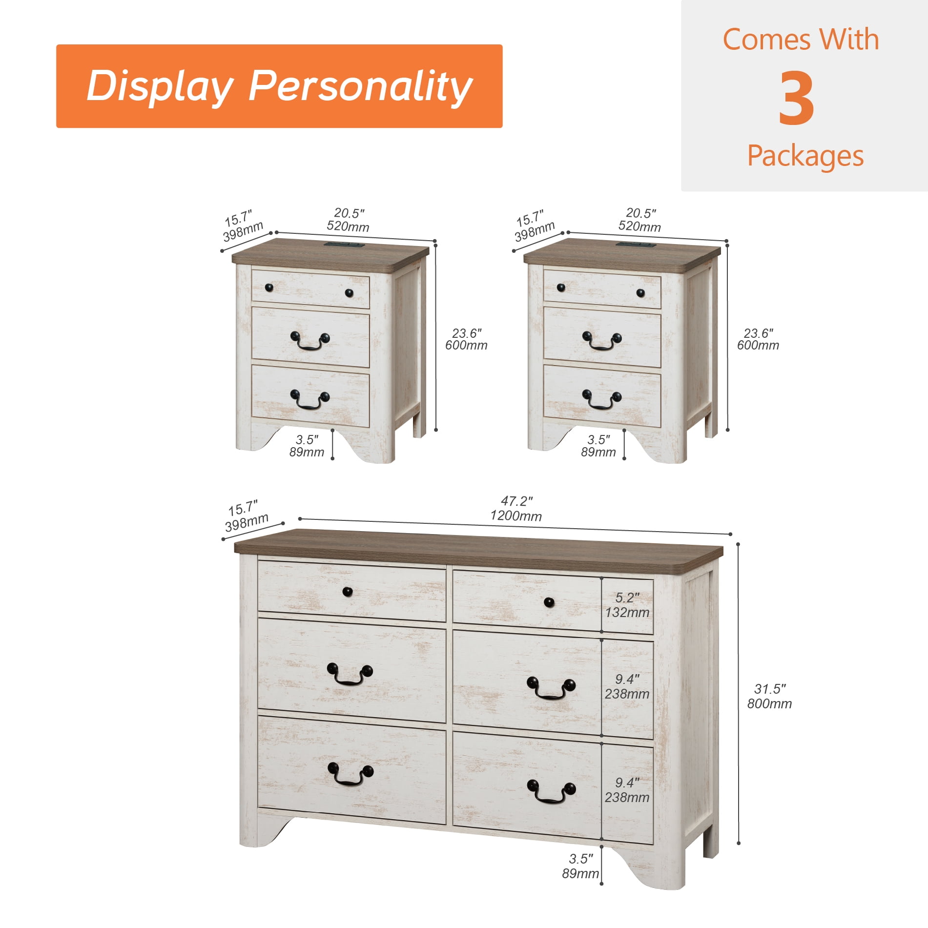 WAMPAT Farmhouse 3-Piece Bedroom Set, 47.2" Wood 6-Drawer Dresser and Nightstand Set of 2 with Charging Station for Bedroom,Living Room,White