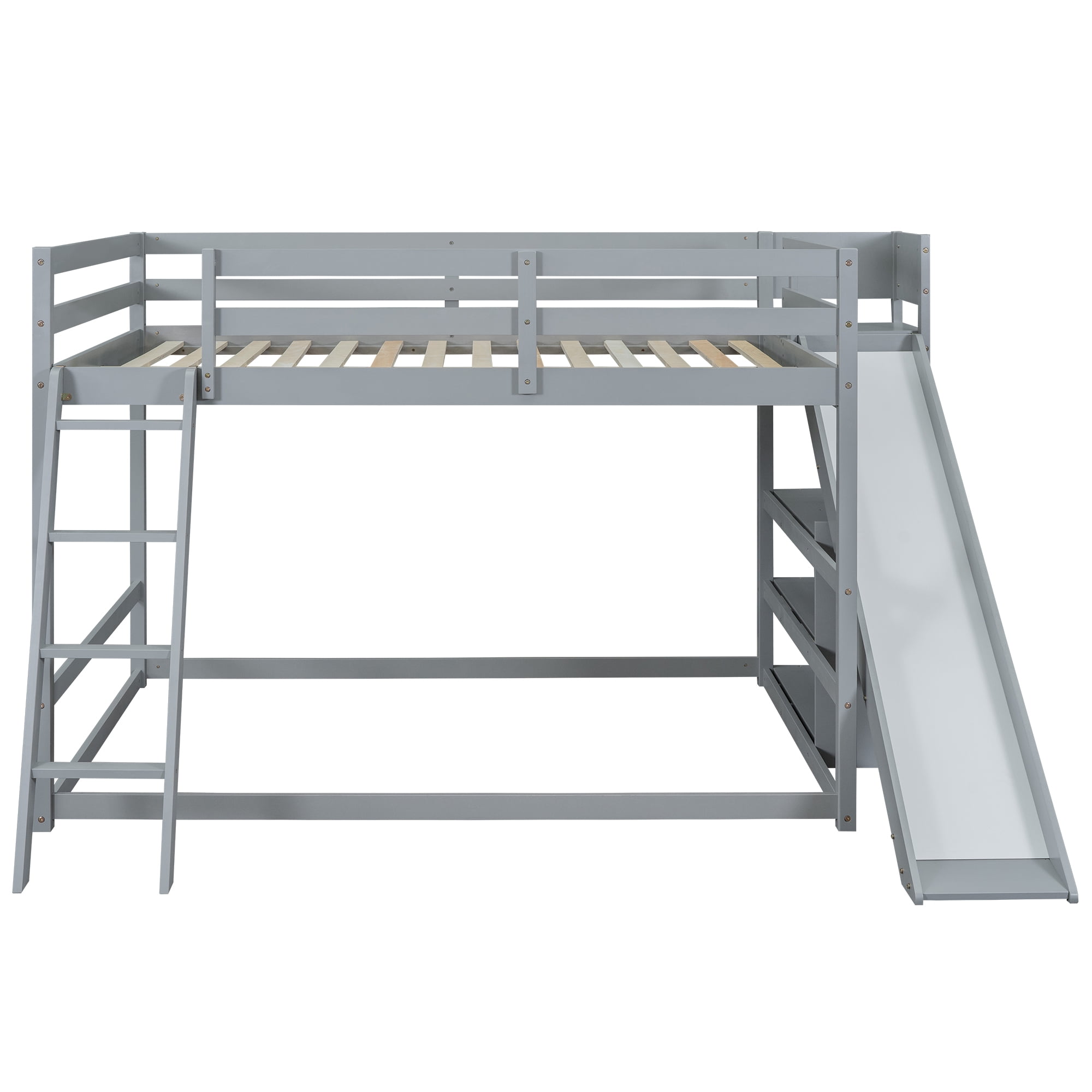 Euroco Wood Full over Full Bunk Bed with Slide and Ladder, 3-Tier Shelf for Kids Teens Bedroom, Gray