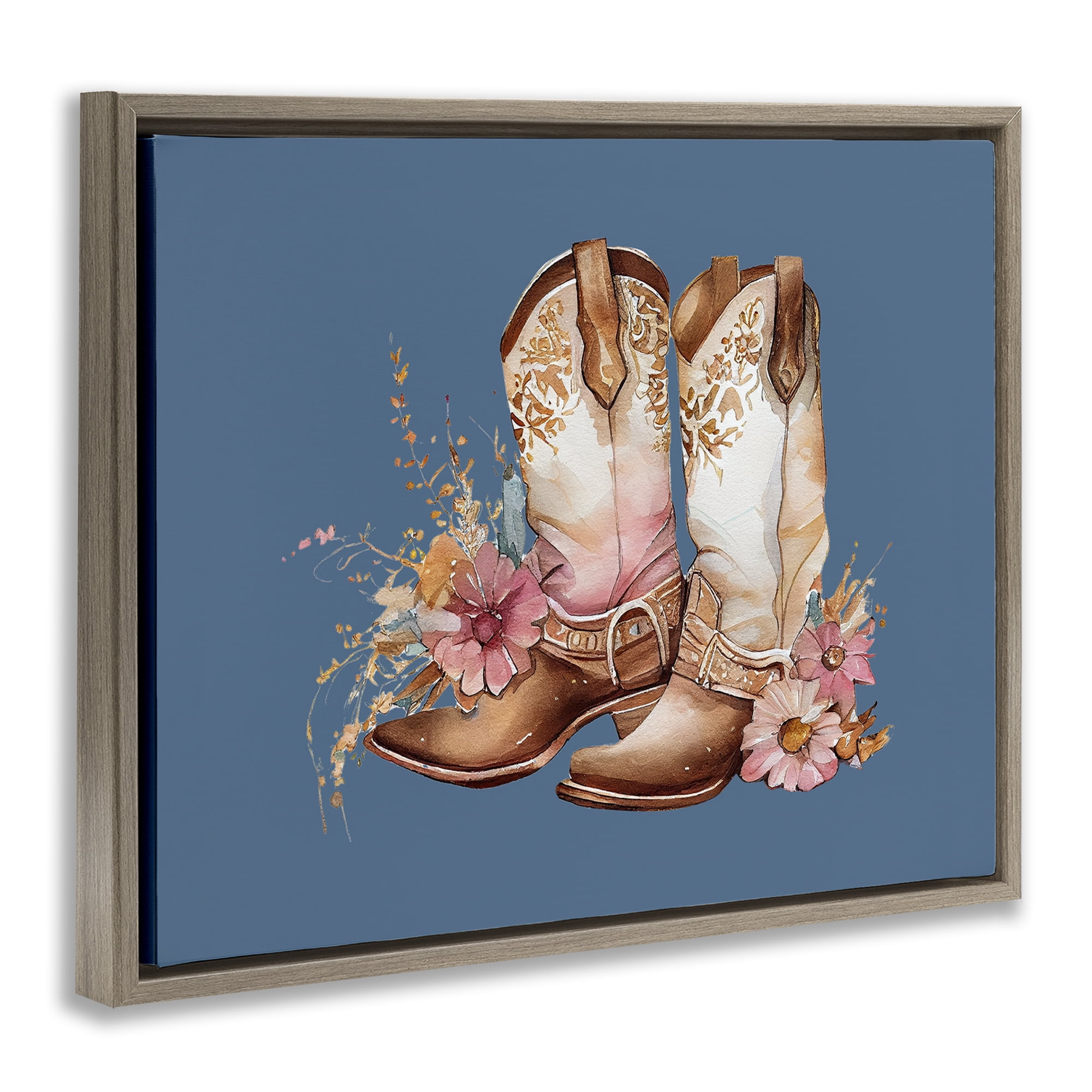 Stupell Industries Cowboy Boots & Wildflowers Plants & Flowers Painting Brown Floater Framed Canvas Art Print Wall Art, 21 x 17