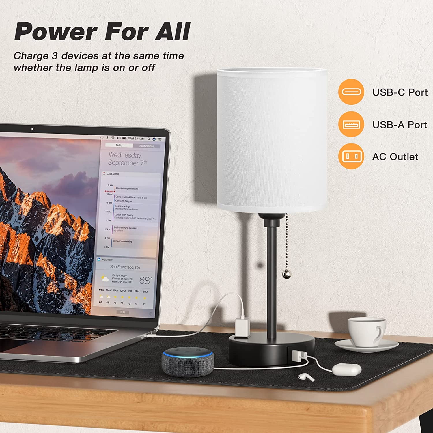 CAALOGT Table Lamp with USB Ports, AC Outlet, 3 Color Temperatures, 14.6 inch Bedroom Lamp