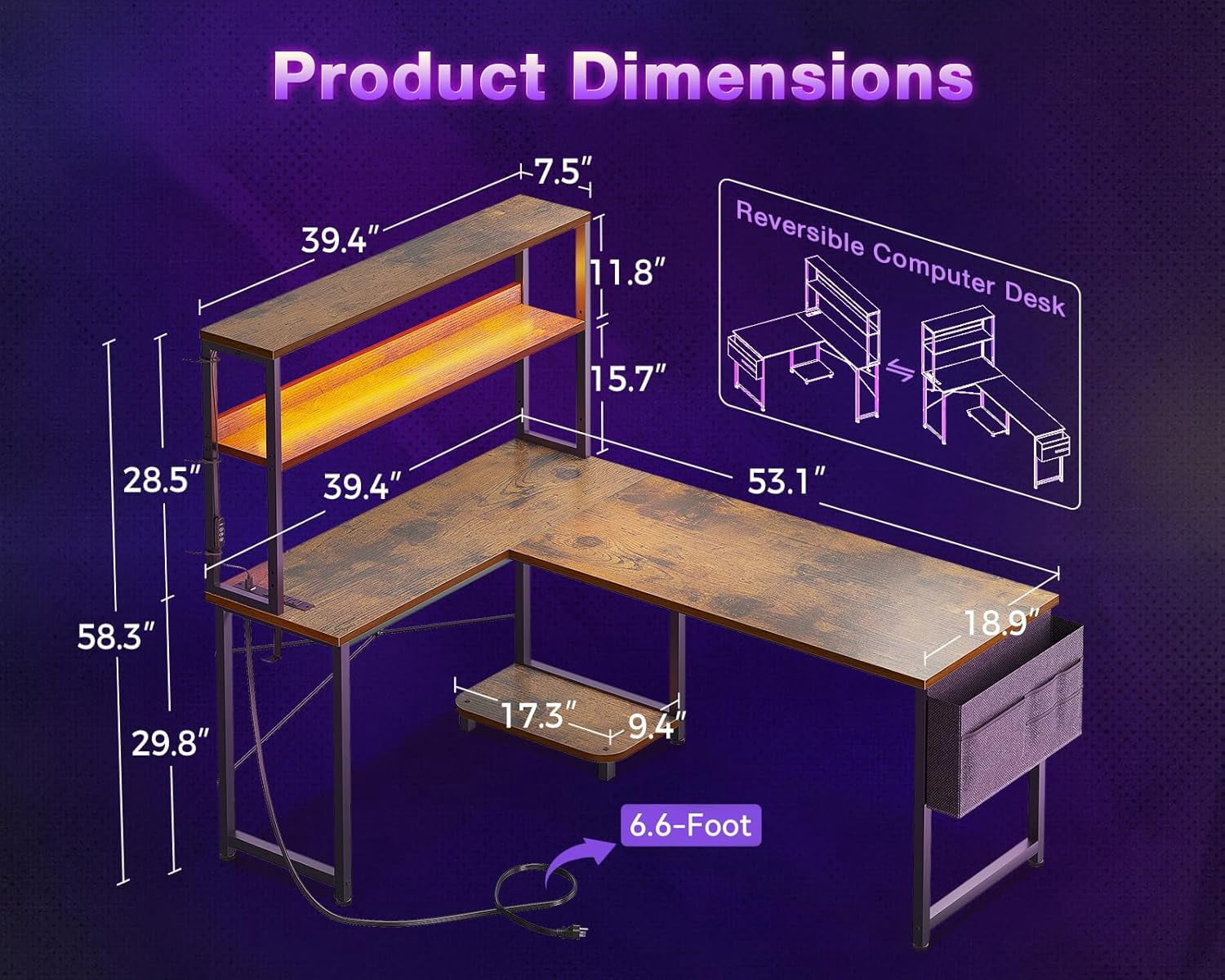 53 Inch L Shaped Desk with LED Lighting, Reversible Gaming Desk with Power Outlets, Cornor Computer Table with Storage Shelves & Bag & Iron Hook, Home Office Table for Writing, Study, Vintage
