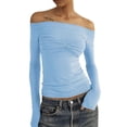 thumbnail image 1 of Long Sleeve Off Shoulder Top Women Elegant Pure Color Slim Fit Mesh Ruched T Shirt Blouse For Party, 1 of 5