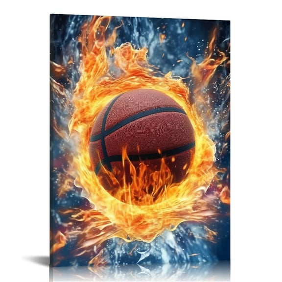 JEUXUS Basketball Canvas Wall Art For Boys Room Basketball Posters Print Raging Fire Basketball Sport Art Basketball Motivational Poster Basketball Art for Gym Teenage Boy Room Decor Gift 12x16in