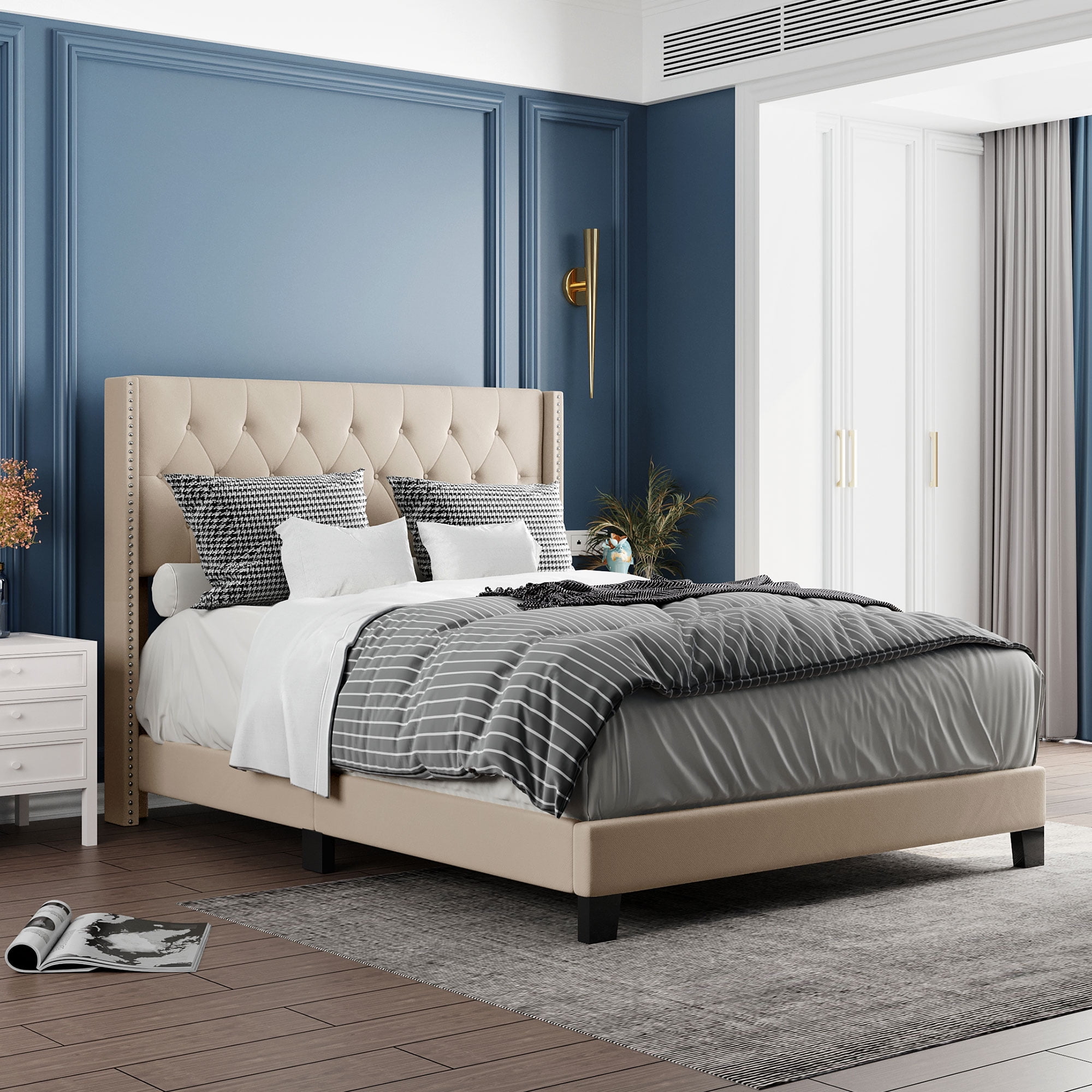 Queen Linen Grey Boyd Sleep Montana Upholstered Platform Bed Frame Mattress Foundation with Headboard and Strong Wood Slat Supports