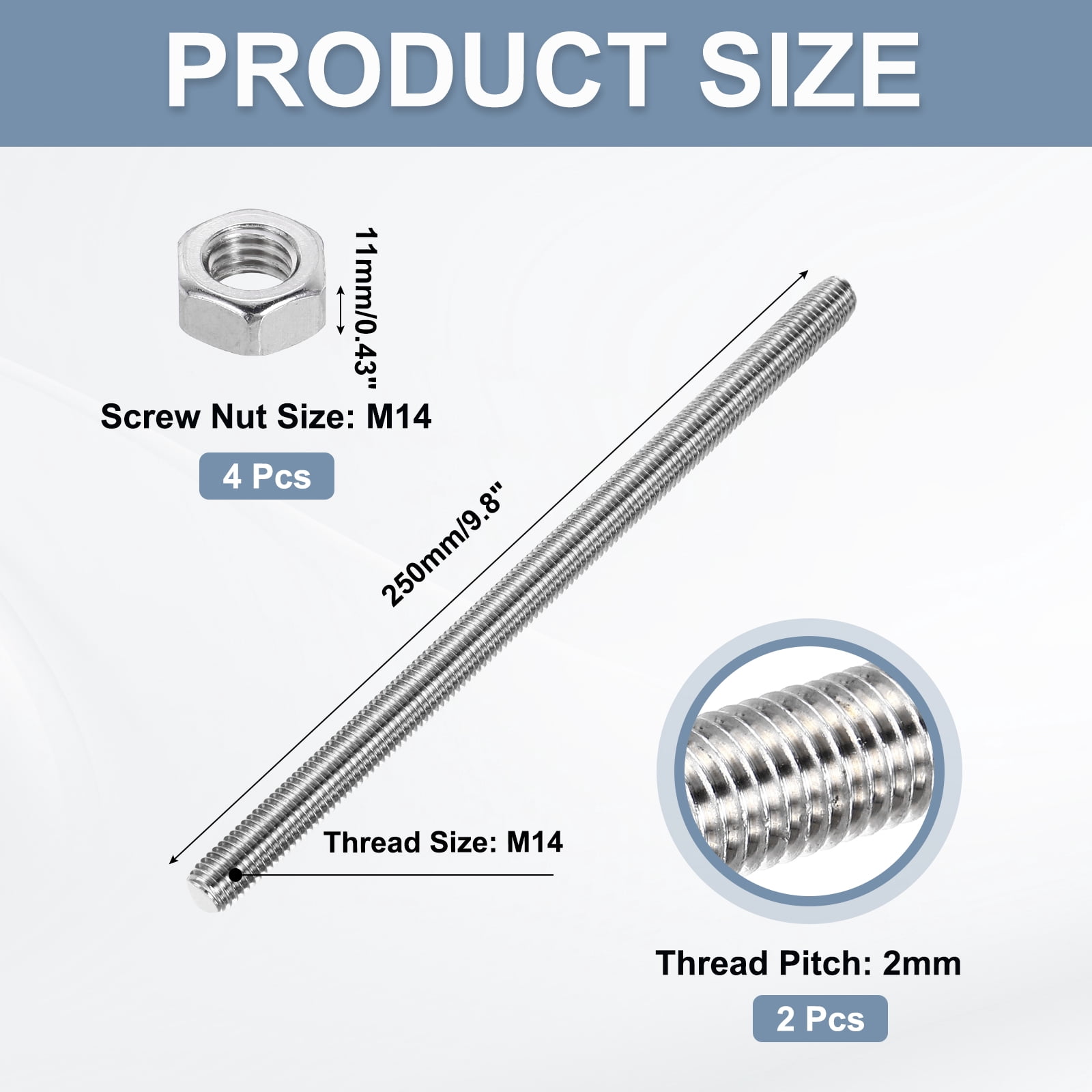 Uxcell Fully Threaded Rod M14 x 250 2mm Pitch 304 Stainless Steel With Screw Nuts 2Pcs