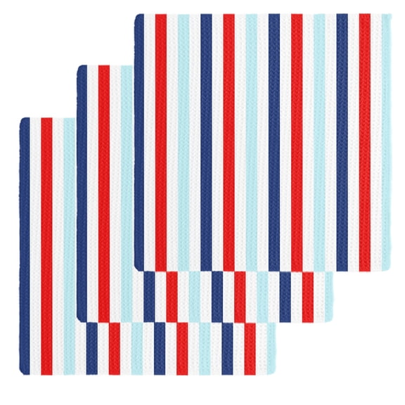 Red Blue Stripe Kitchen Dish Towels for Drying Dishes Set of 3, Gradient Geometric White Vertical Striped Waffle Weave Microfiber Hand Tea Bathroom Towels Quick Dry & Absorbent Towel 12x12
