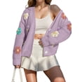 thumbnail image 2 of Women'S Knit Crochet Open Front Sweater Long Sleeve Button Flowers Loose Short Cardigan Outerwear Coats L, 2 of 7
