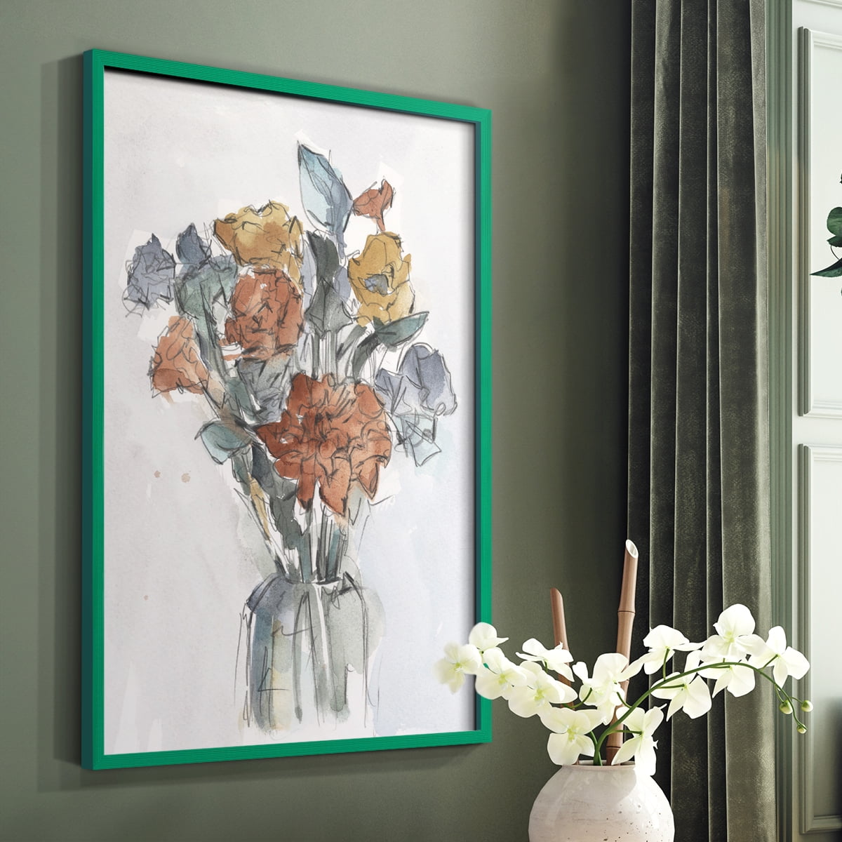 Watercolor Floral Arrangement I Framed Print in Green Solid Wood 8 x 10 Framed Print