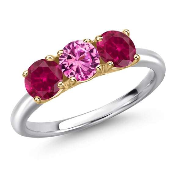 Gem Stone King 10K Two Tone Gold Pink Created Sapphire and Red Created Ruby Engagement Ring for Women | 1.75 Cttw | Round 5MM | Gemstone September Birthstone | Size 5