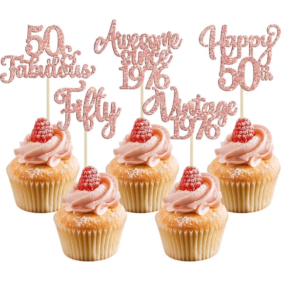 10Pcs Rose Gold Glitter 50th Birthday Cupcake Toppers, "Fifty, Fabulous, Vintage 1976" Picks for 50th Birthday Party Cake Decorations