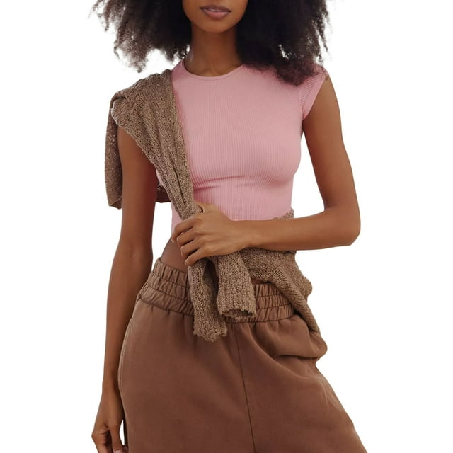 xiaxaixu Women Short Sleeve Crop Tops Solid Color Crew Neck Slim Fit Knitted Ribbed T-Shirts Summer Exposed Navel Shirts