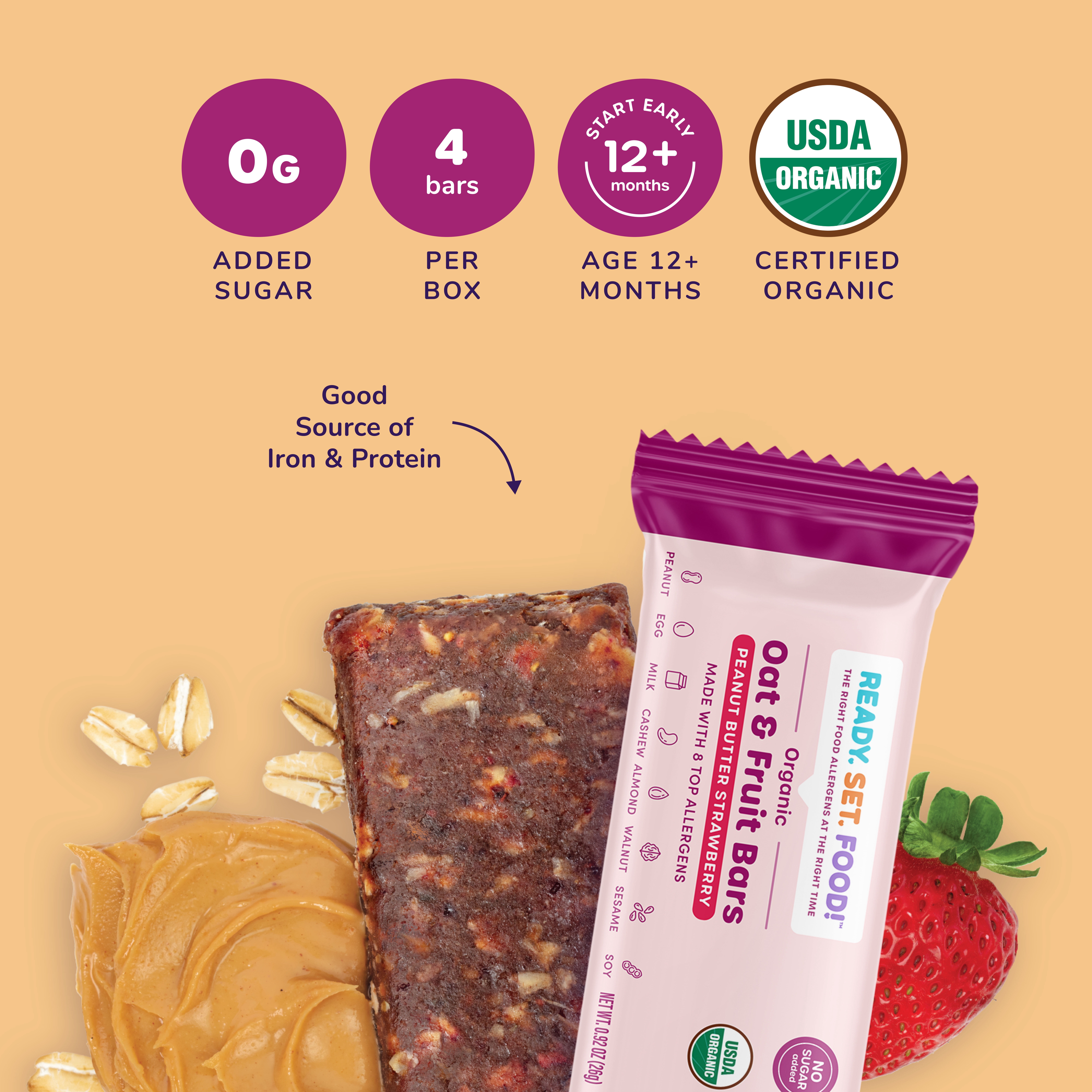 (3 pack) Ready, Set, Food! Organic Oat & Fruit Bar, Toddler Snack, 8 Top Allergens, Peanut Butter Strawberry