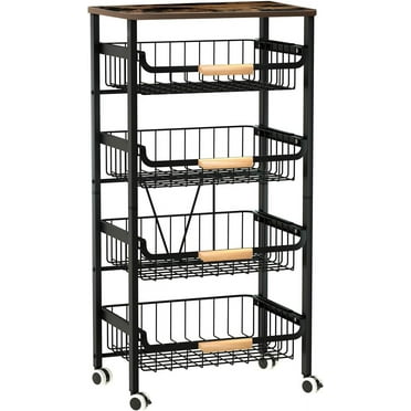 5-Tier Rolling Storage Cart with Wheels, Large Capacity Kitchen Cart, Mobile Utility Cart with Wooden Tabletop and Mesh Baskets, Bathroom, Laundry Room