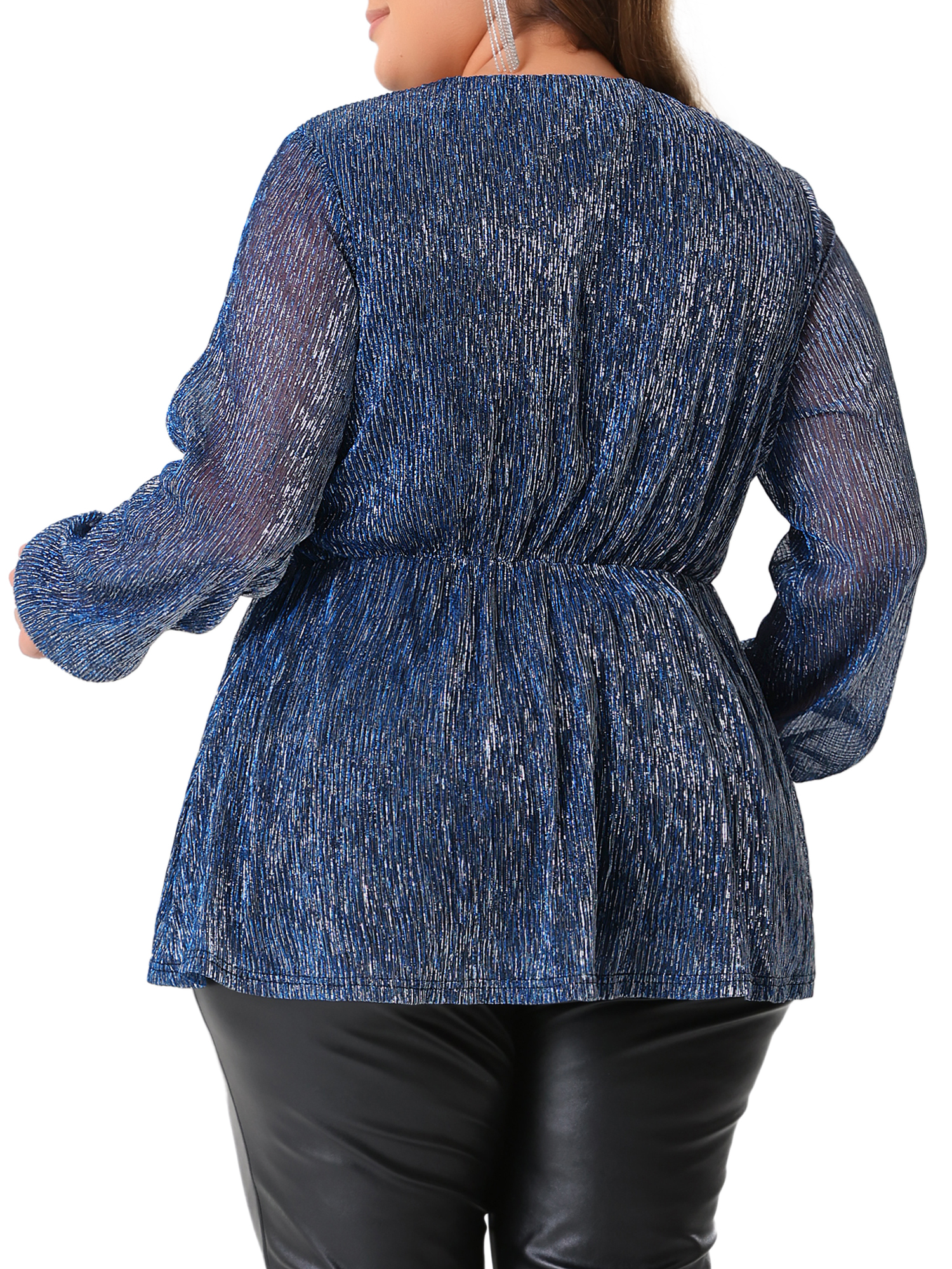 DARING DIVA Women's Plus Glitter V-Neck Waist Pleat Blouse 2X Navy Blue