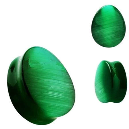 blue palm jewelry Pair of 2 GAUGE Green Cat Eyes Stone Teardrop Plug Double Flare Ear Lobe Plugs E608