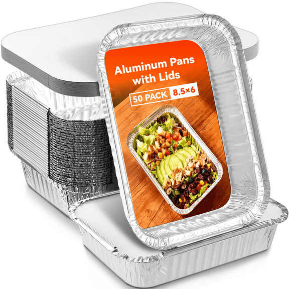 8.5"×6"Aluminum Pans with Lids,2.25lb Tin Foil Pans for Baking Cooking Food and Storage Container,50 Count