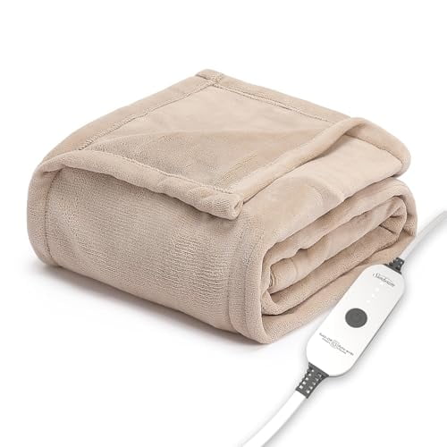 Sunbeam Electric Throw Royal Luxe Microplush Heated Blanket, 4 Heat Settings, 4-Hour Auto Shut-Off, Fast Heating, Warm and Cozy, Peyote Color, 50" x 60"