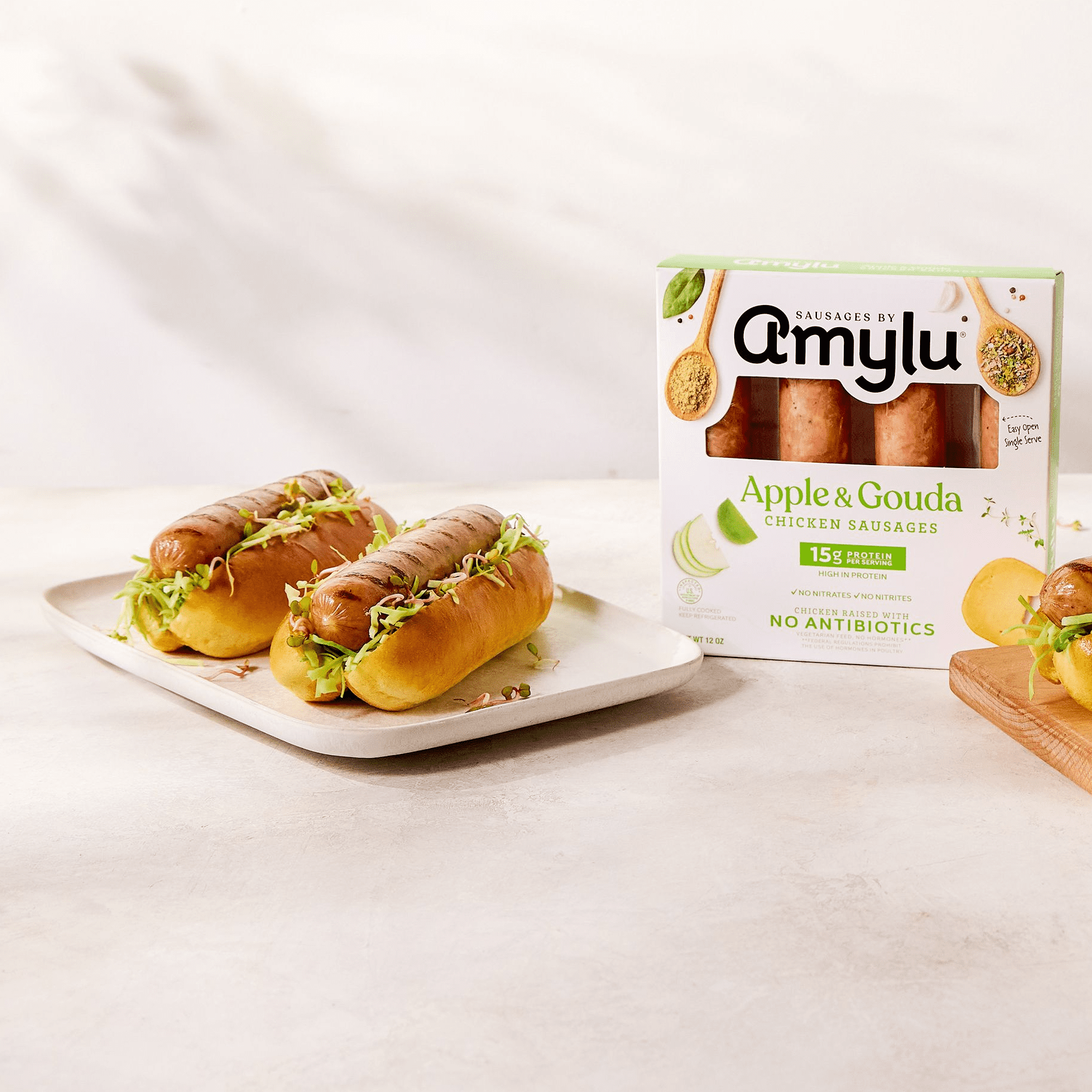 Amylu Foods Apple & Gouda Chicken Sausages, 12oz, 4 Count, Refrigerated