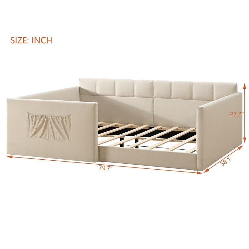 Full Size Velvet Daybed with 2 Storage Pockets, Upholstered Guest Sofa Bed Frame with High & Padded Backrest