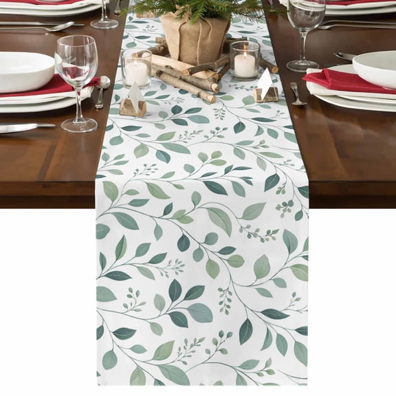 Eucalyptus Leaves Table Runner, Watercolor Green Botanical Vines Farmhouse Cotton Linen Kitchen Dining Table Runner Cloth Dresser Scarf Decoration for Party Home Decor 13x60in